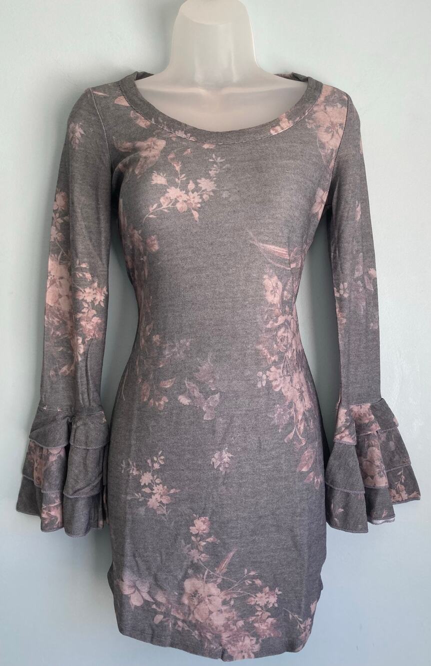 Gray And Pink Floral Mini Dress Chaser XS Bell Sleeves
